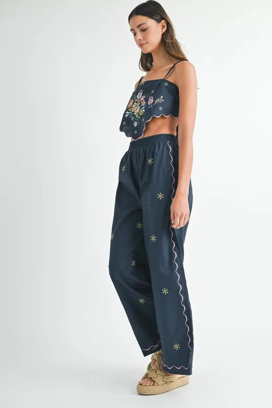 MABLE Linen Embroidered Scarf Top and Pants Set - Brittney MADE