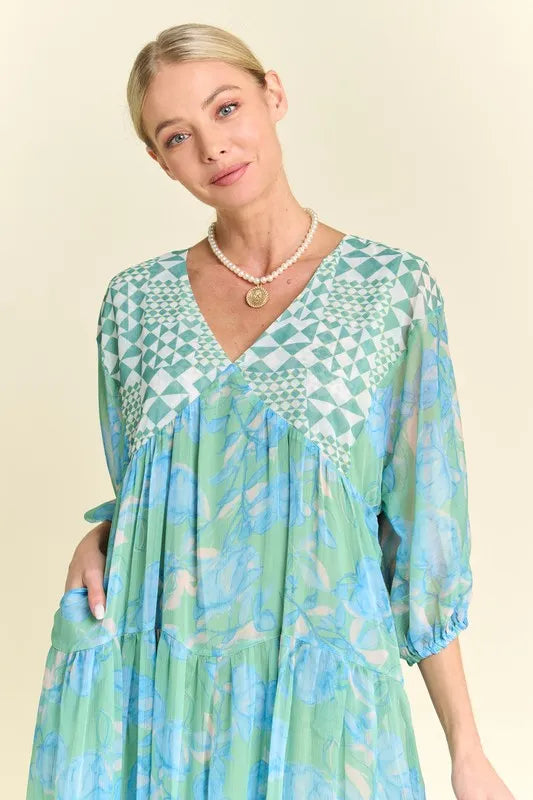 Davi & Dani Geo and Floral Print Mixed Tiered Dress - Brittney MADE