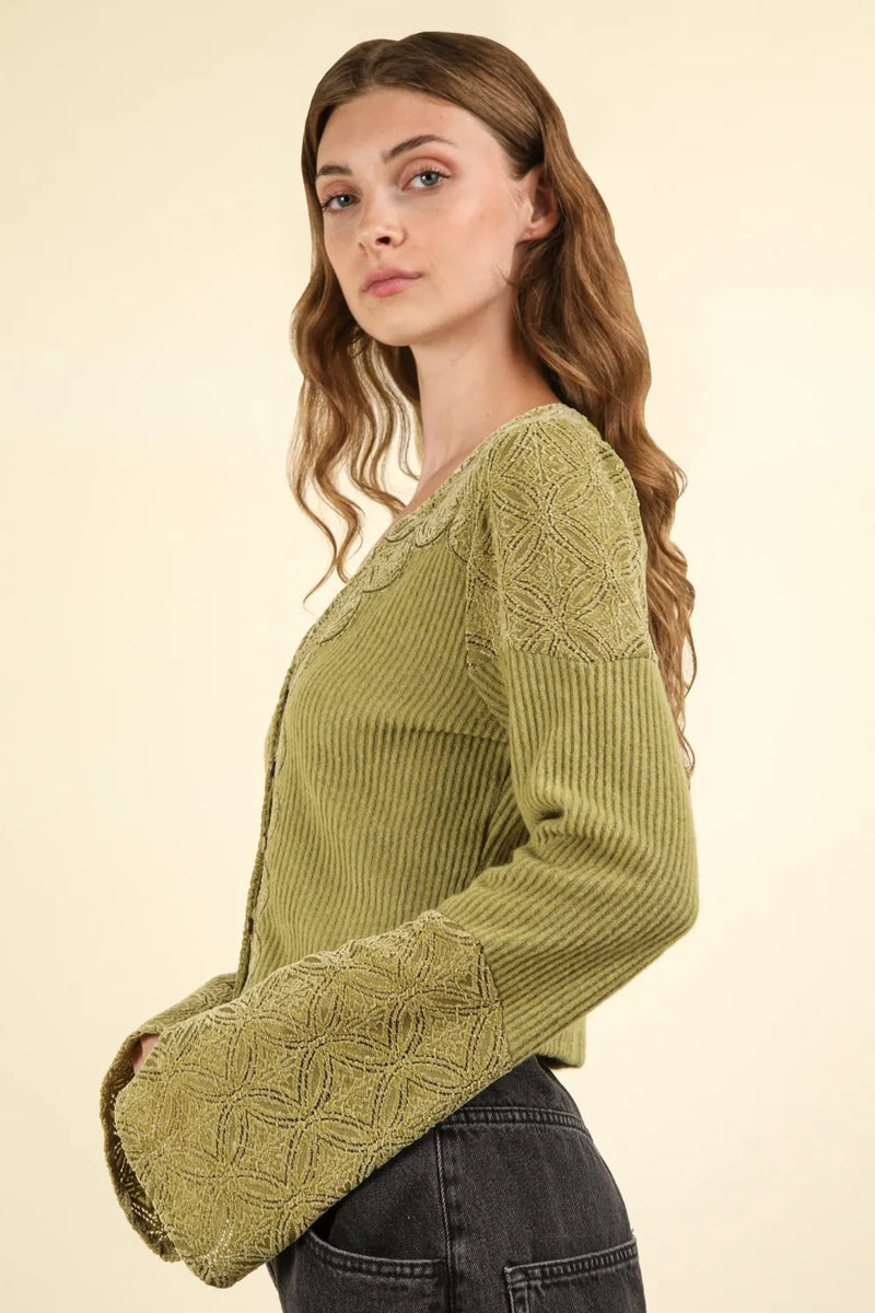 VERY J V-Neck Lace Detail Button Down Crop Ribbed Knit Top - Brittney MADE