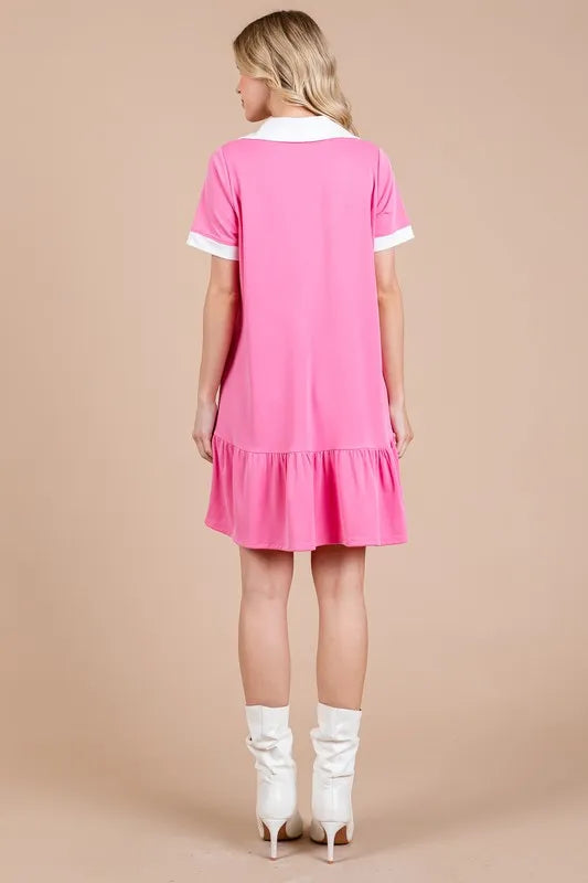 Ces Femme Ruffled Hem Johnny Collar Short Sleeve Dress - Brittney MADE