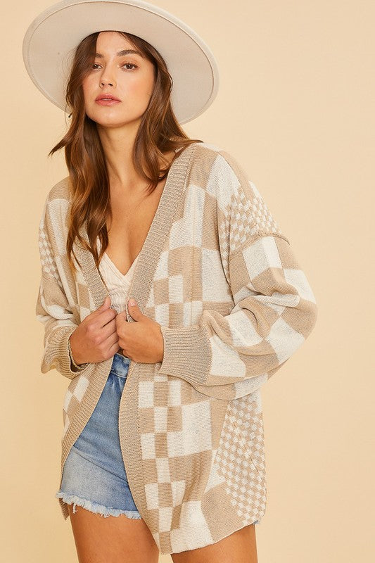 Annie Wear Checkered Open Front Drop Shoulder Cardigan - Brittney MADE