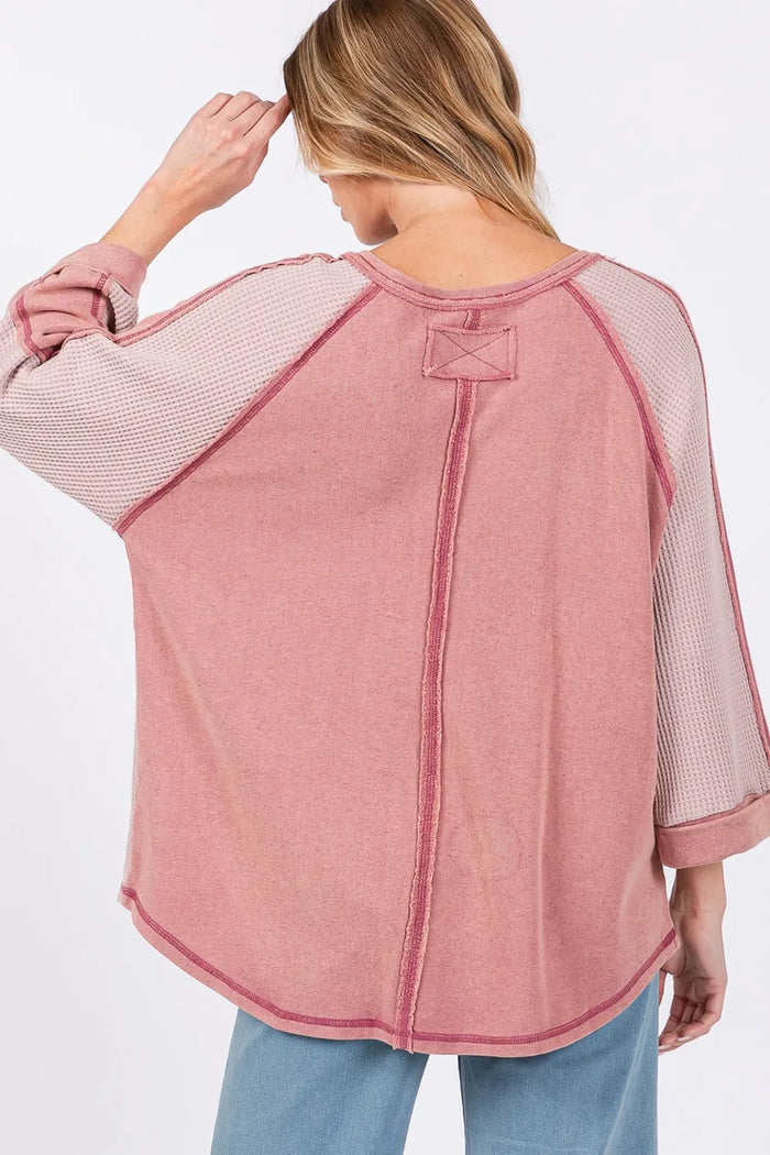 SAGE + FIG Star Applique Patch Exposed Seam Waffle Knit Top - Brittney MADE