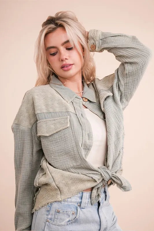 VERY J Mineral Washed Oversized Gauze Shacket - Brittney MADE