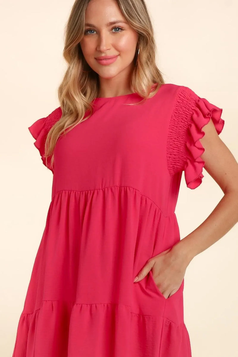 Haptics Full Size Smocking Ruffle Short Sleeve Dress with Pockets - Brittney MADE