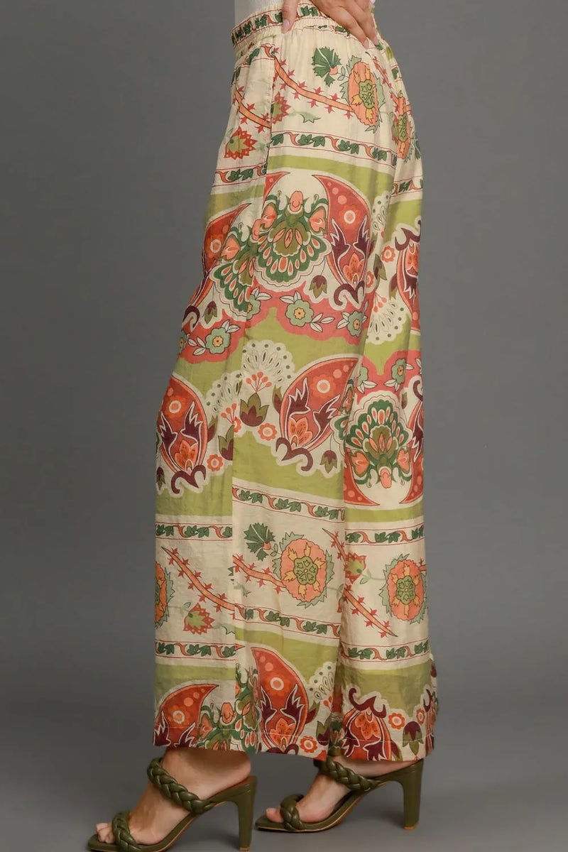 Umgee Full Size Wide Leg Border Print Pants Plus Size - Brittney MADE