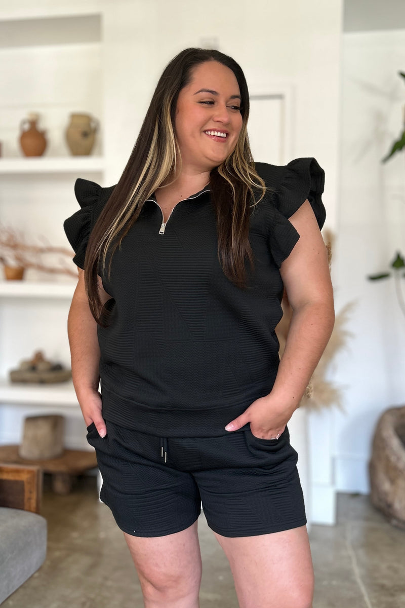 Double Take Full Size Texture Flounce Sleeve Top and Shorts Set - Brittney MADE