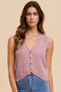 Annie Wear Crochet Trim Button Down Sweater Vest - Brittney MADE
