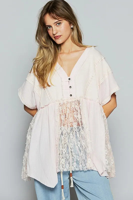 POL Lace Trim V-Neck Short Sleeve Knit Top - Brittney MADE