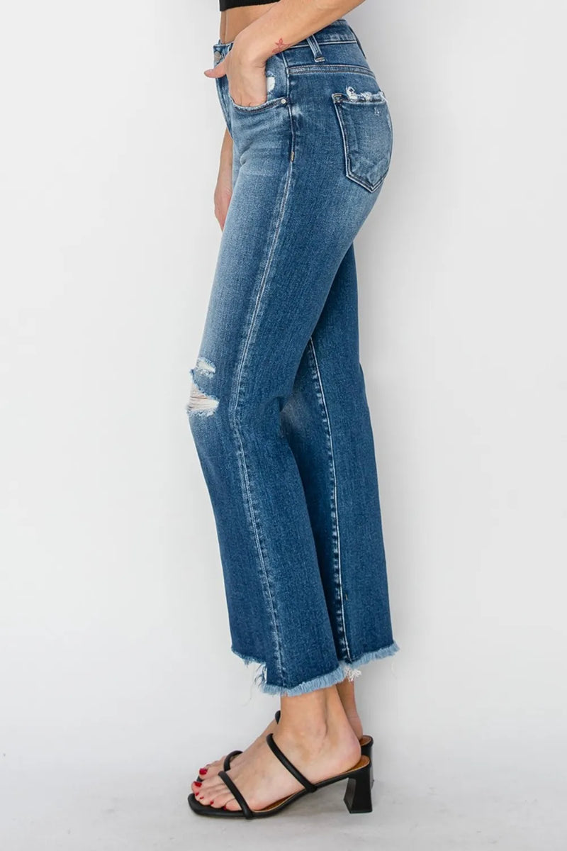 RISEN Full Size Frayed Step Hem Ankle Straight Jeans - Brittney MADE