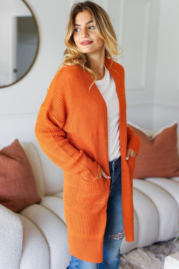 Haptics Full Size Stripe Textured Open Front Cardigan with Pockets - Brittney MADE