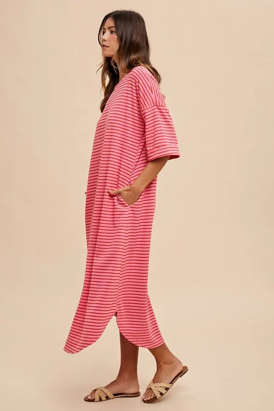 Annie Wear Striped Round Neck Terry Midi Dress - Brittney MADE