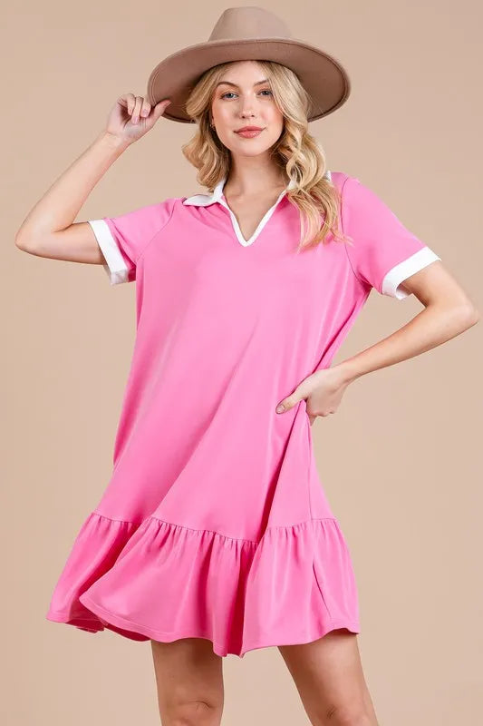 Ces Femme Ruffled Hem Johnny Collar Short Sleeve Dress - Brittney MADE