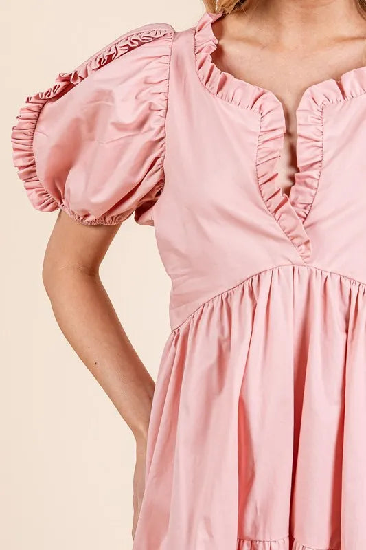 GeeGee Ruffle Trim Puff Sleeve Tiered Babydoll Midi Dress - Brittney MADE