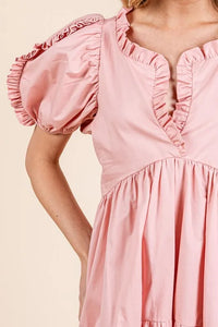 GeeGee Ruffle Trim Puff Sleeve Tiered Babydoll Midi Dress - Brittney MADE