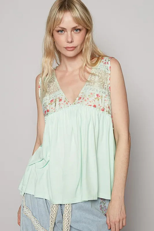 POL Lace Detail Frill Floral V-Neck Sleeveless Top - Brittney MADE