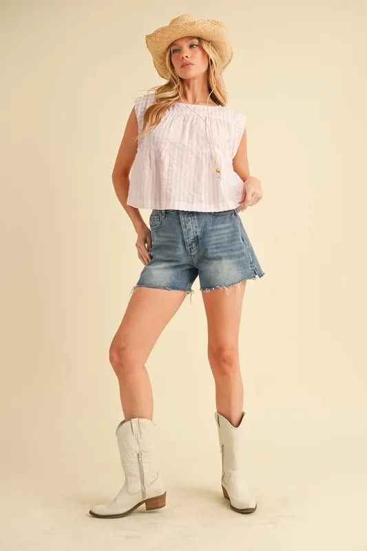 Aemi+Co Ruched Striped Round Neck Sleeveless Top - Brittney MADE