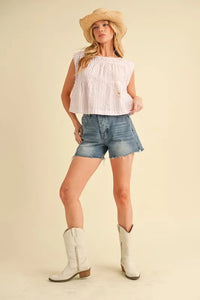 Aemi+Co Ruched Striped Round Neck Sleeveless Top - Brittney MADE