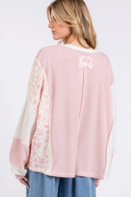 SAGE + FIG Floral Long Sleeve V-Neck Waffle Knit Top - Brittney MADE