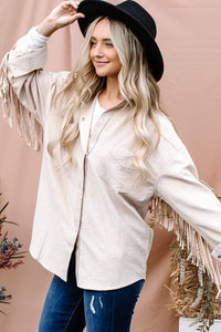 And The Why Full Size Fringe Back Detailed Button Down Shacket - Brittney MADE
