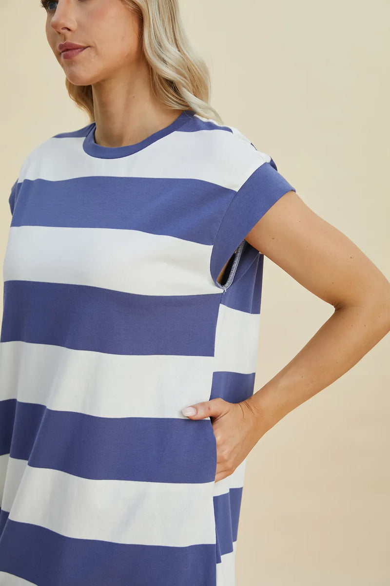 Basic Bae Full Size Striped Round Neck Cap Sleeve Mini Dress - Brittney MADE