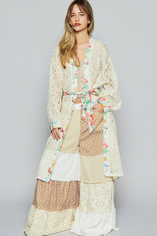POL Floral Trim Lace Open Front Longline Cardigan - Brittney MADE