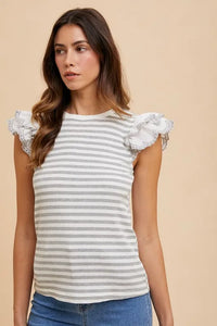 Annie Wear Ruffled Striped Round Neck Cap Sleeve Knit Top - Brittney MADE