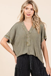 Mittoshop Mineral Wash Henley Short Sleeve Waffle Knit Top - Brittney MADE