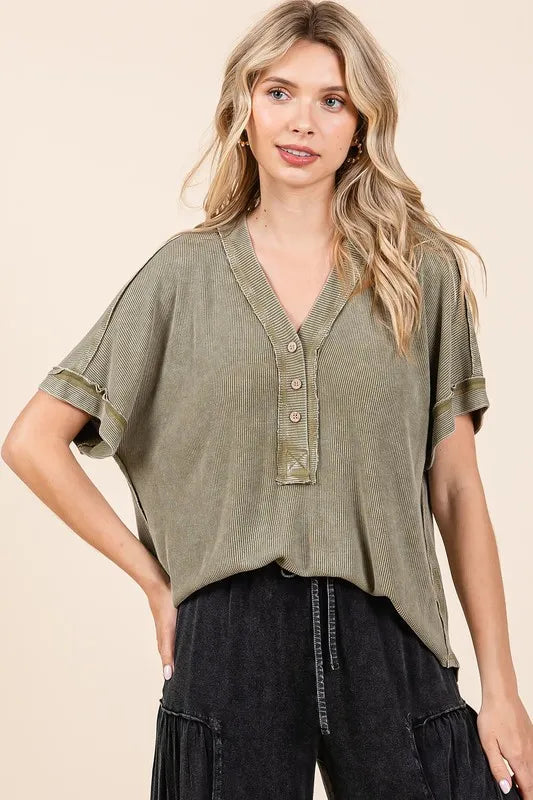 Mittoshop Mineral Wash Henley Short Sleeve Waffle Knit Top - Brittney MADE