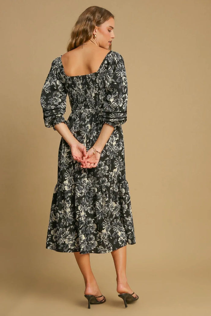 Umgee Ruffle Hem Flower Printed V-Neck Dress - Brittney MADE