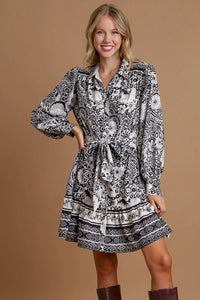Umgee Full Size Two Tone Floral Border Print Tie Waist Mini Dress Plus Size - Brittney MADE