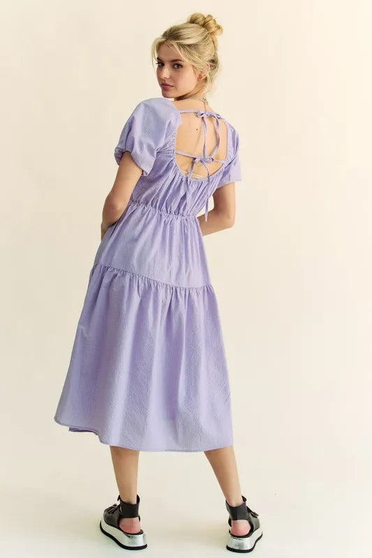 Davi & Dani Textured Fabric Short Puff Sleeve Midi Dress - Brittney MADE