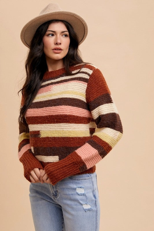 Annie Wear Color Block Round Neck Long Sleeve Sweater - Brittney MADE