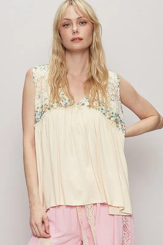 POL Lace Detail Frill Floral V-Neck Sleeveless Top - Brittney MADE