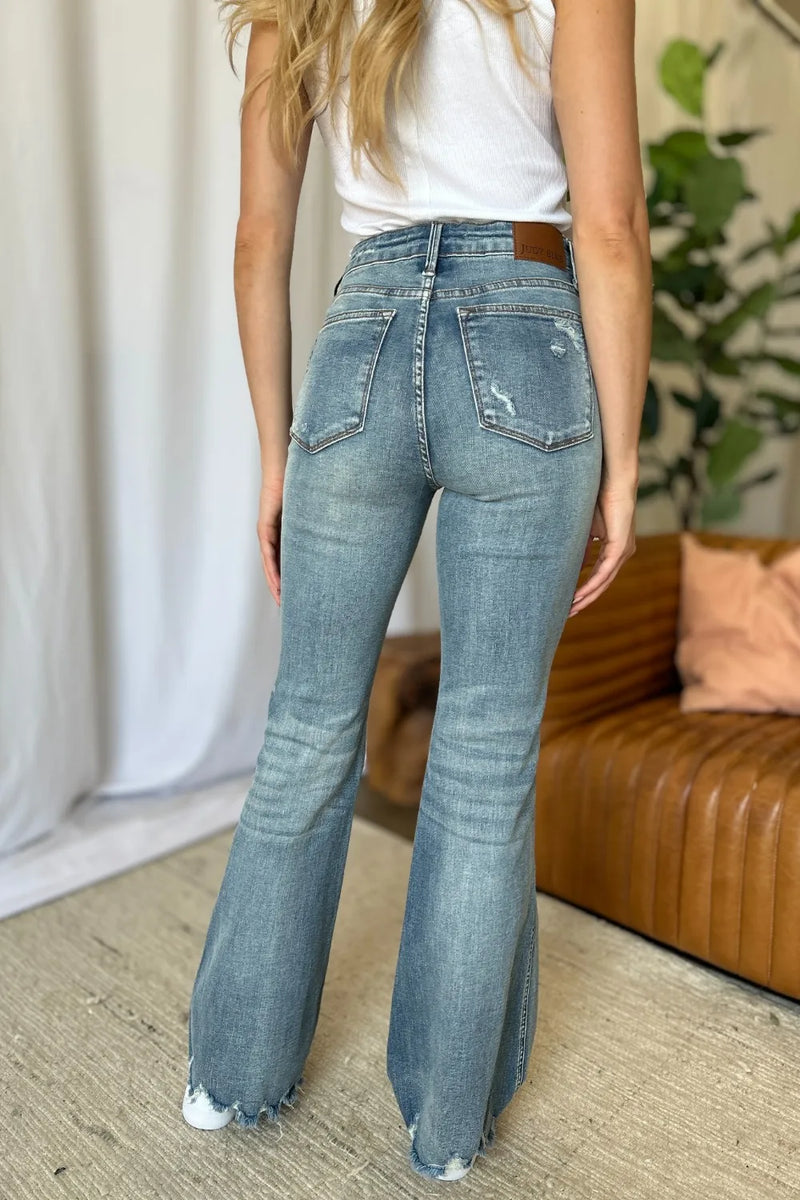 Judy Blue Full Size Medium Rise Tummy Control Destroy Flare - Brittney MADE