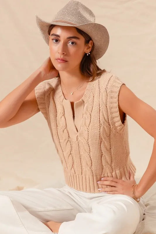 SO ME Notched Neck Cable Knit Sweater Vest - Brittney MADE