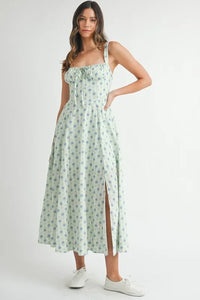 MABLE Floral Print Bustier Back Lace Up Midi Dress - Brittney MADE