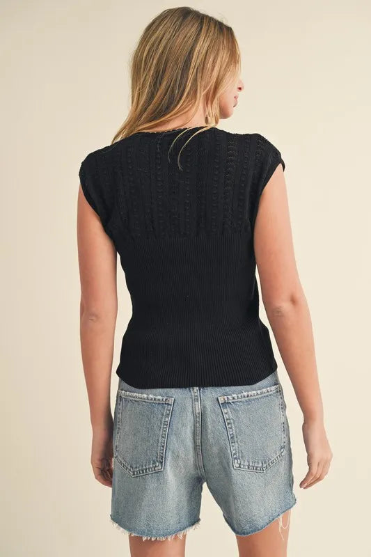 Aemi + Co Openwork Round Neck Cap Sleeve Knit Top - Brittney MADE