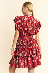 Davi & Dani Ruffle Flutter Sleeve Tie Belt Tiered Mini Dress - Brittney MADE