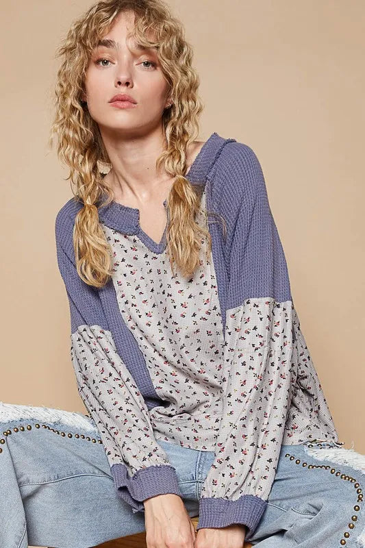 POL Waffle Knit Floral Notched Long Sleeve Top - Brittney MADE