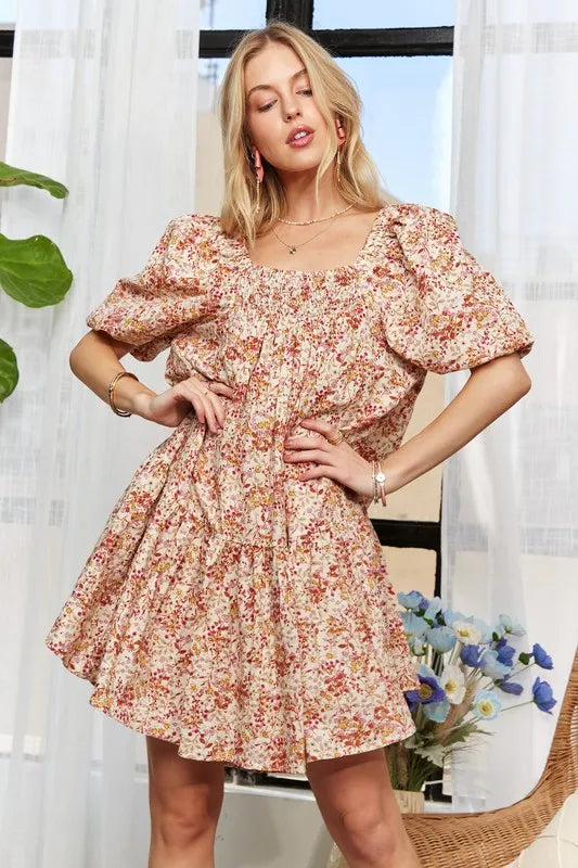 ADORA Floral Square Neck Puff Sleeve Dress - Brittney MADE