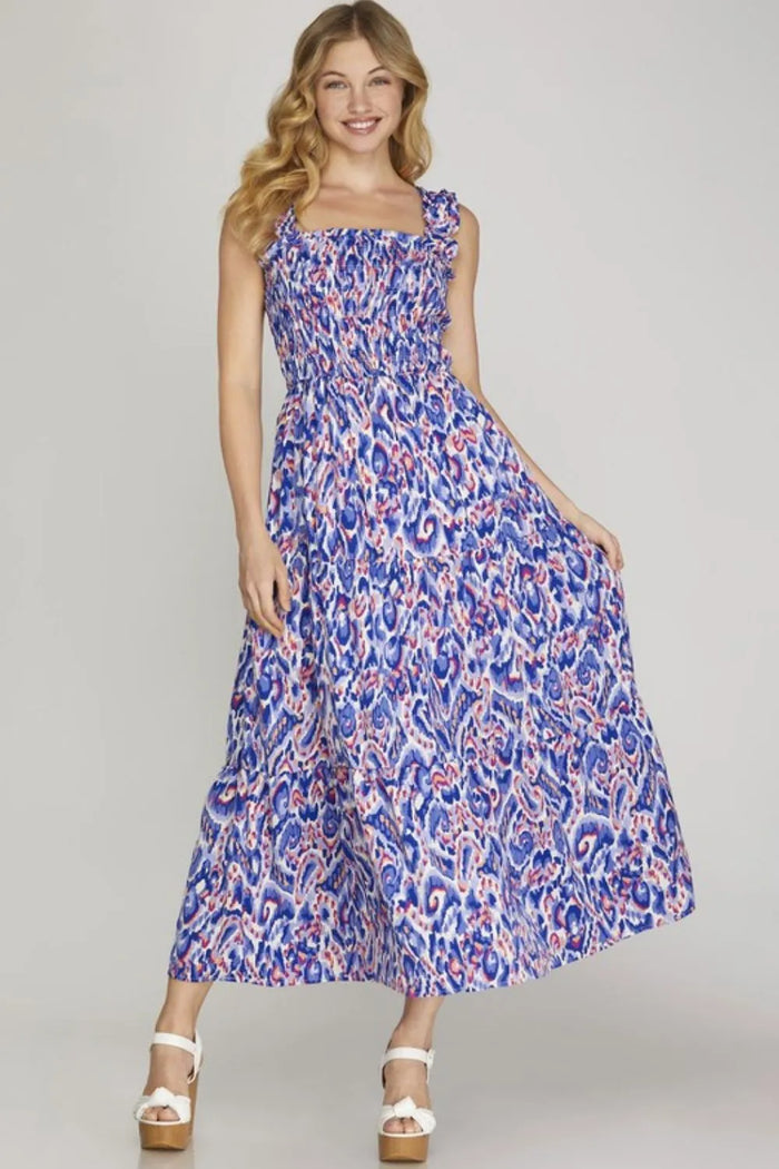 She + Sky Full Size Smocked Printed Wide Strap Tiered Dress Plus Size - Brittney MADE