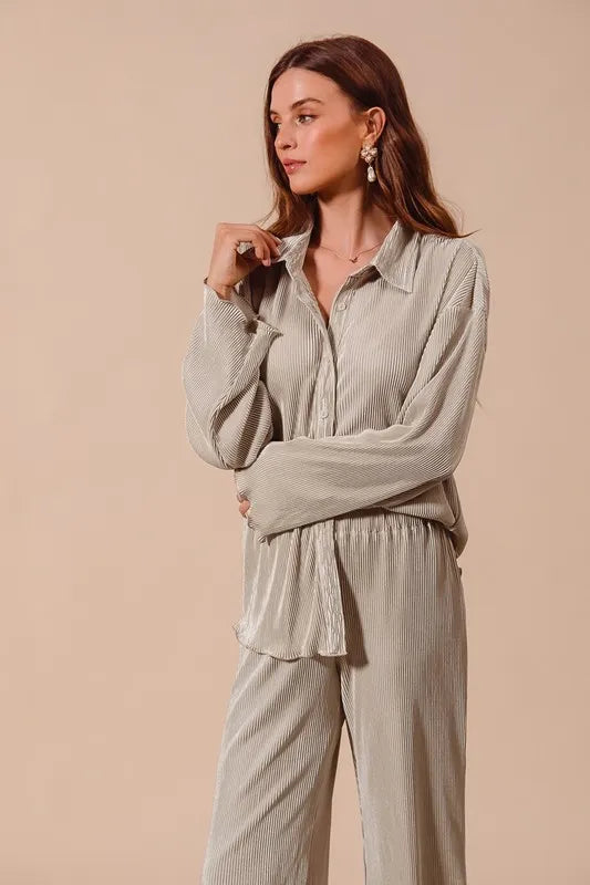 SO ME Pleated Shirt and Pants Set with Wavy Edge Details - Brittney MADE