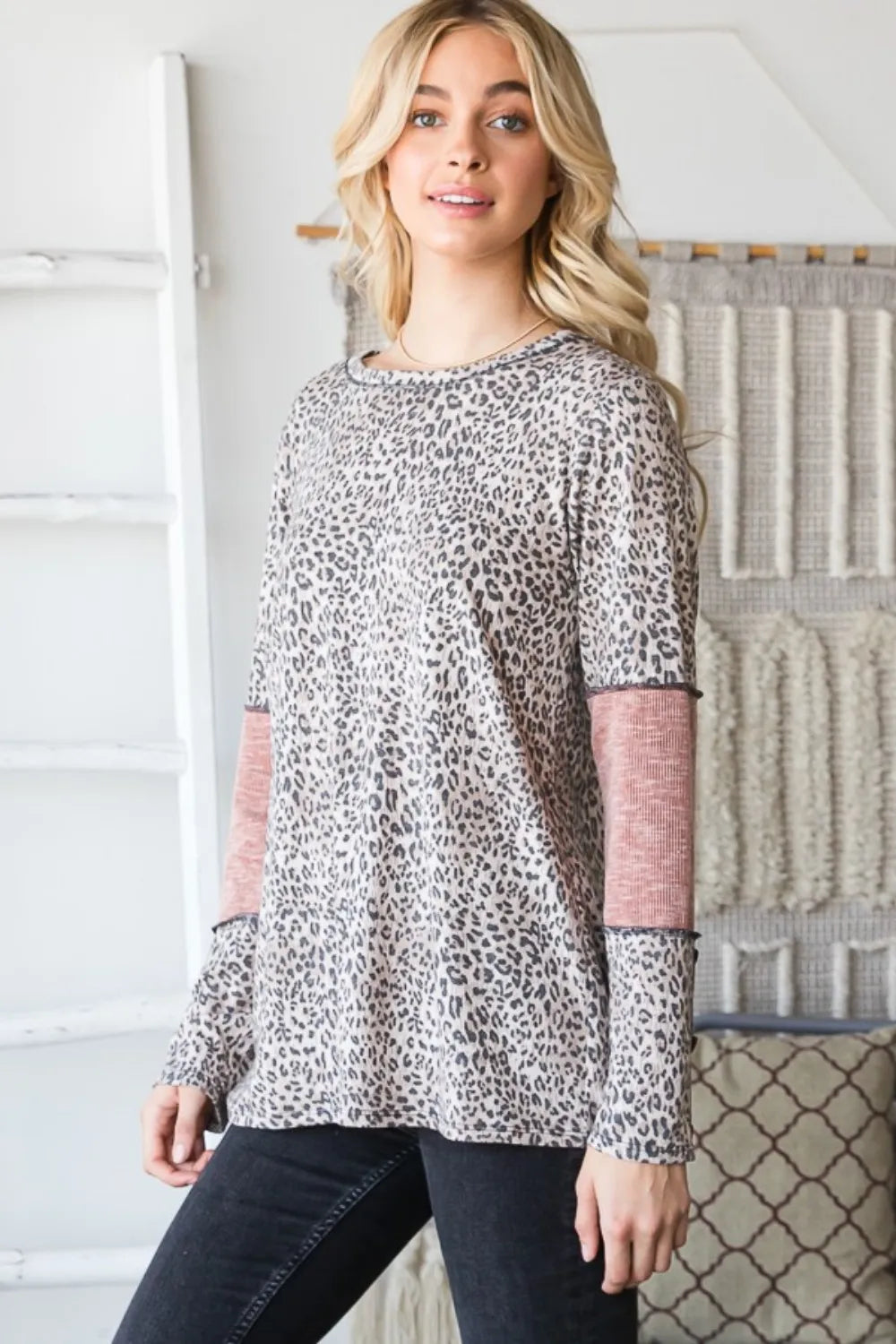 Heimish Full Size Leopard Exposed Seam Contrast T-Shirt - Brittney MADE