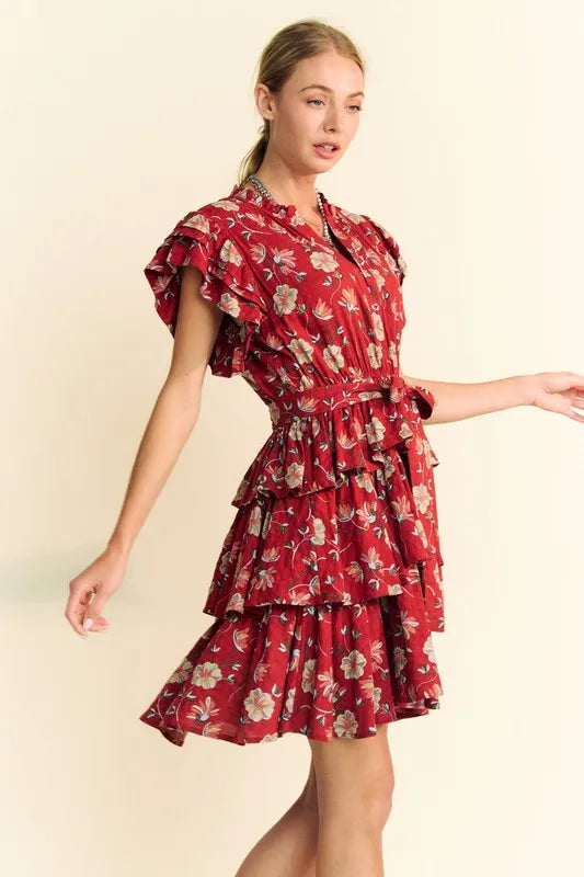Davi & Dani Ruffle Flutter Sleeve Tie Belt Tiered Mini Dress - Brittney MADE