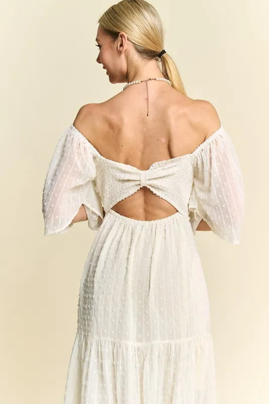 Davi & Dani Swiss Dotted Ruched Ruffle Open Back Midi Dress - Brittney MADE
