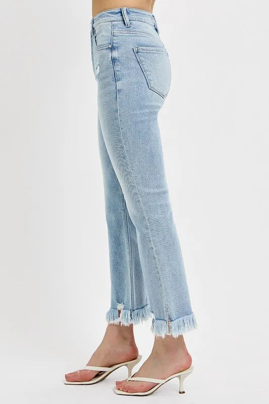 RISEN Full Size Raw Hem Distressed Cropped Flare Jeans Plus Size - Brittney MADE