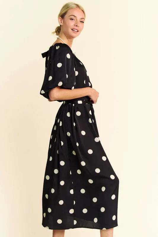 Davi & Dani Polka Dot Puff Sleeves Waist Tie Midi Dress - Brittney MADE