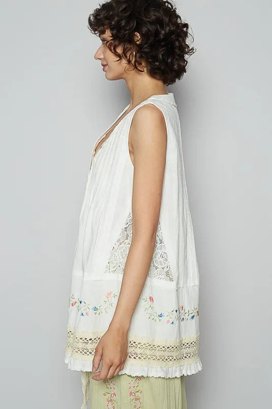 POL Embroidered Lace Detail V-Neck Sleeveless Top - Brittney MADE