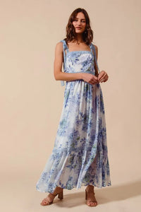SO ME Floral Print Flowy Maxi Dress with Lace Ribbon Tie - Brittney MADE