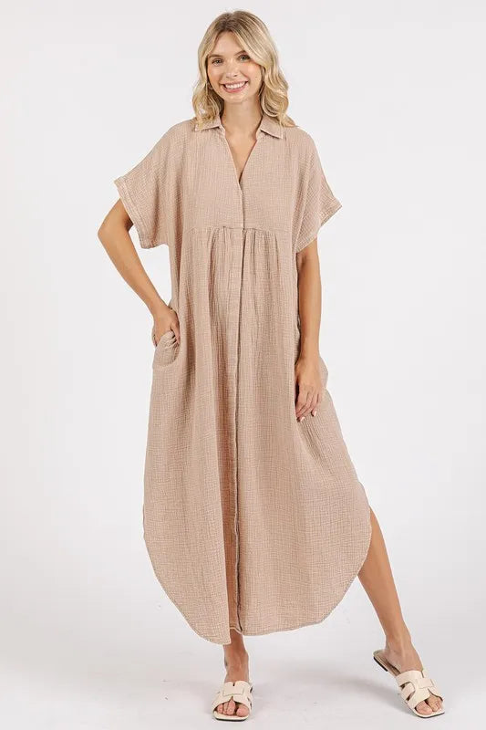 Mittoshop Mineral Wash V Neck Button Up Midi Shirt Dress - Brittney MADE